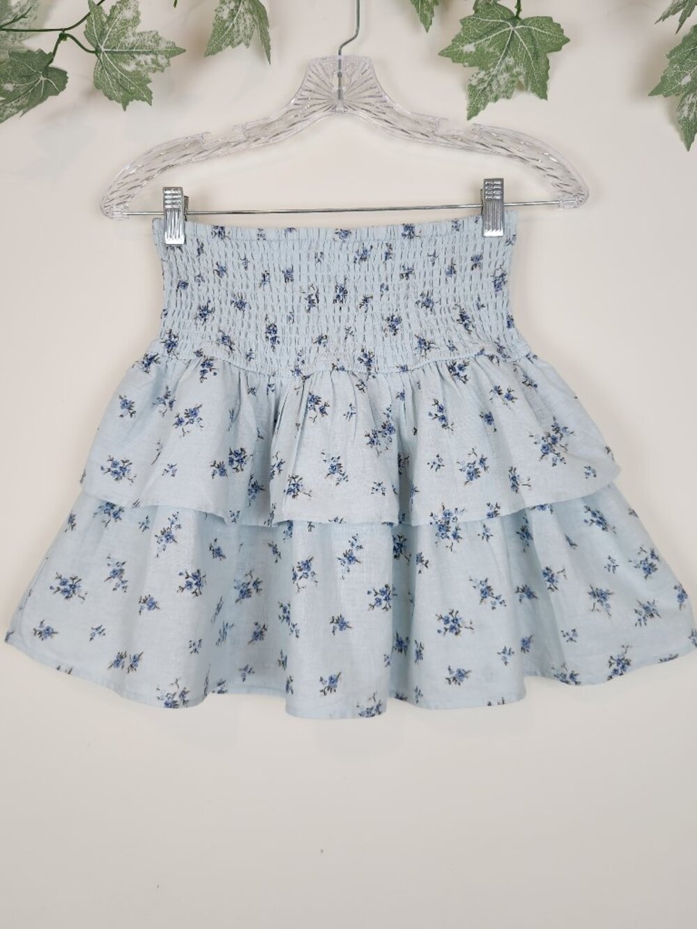 Stradivarius Women's Size S Blue Floral Smocked Ruffle Linen Blend Mini Skirt